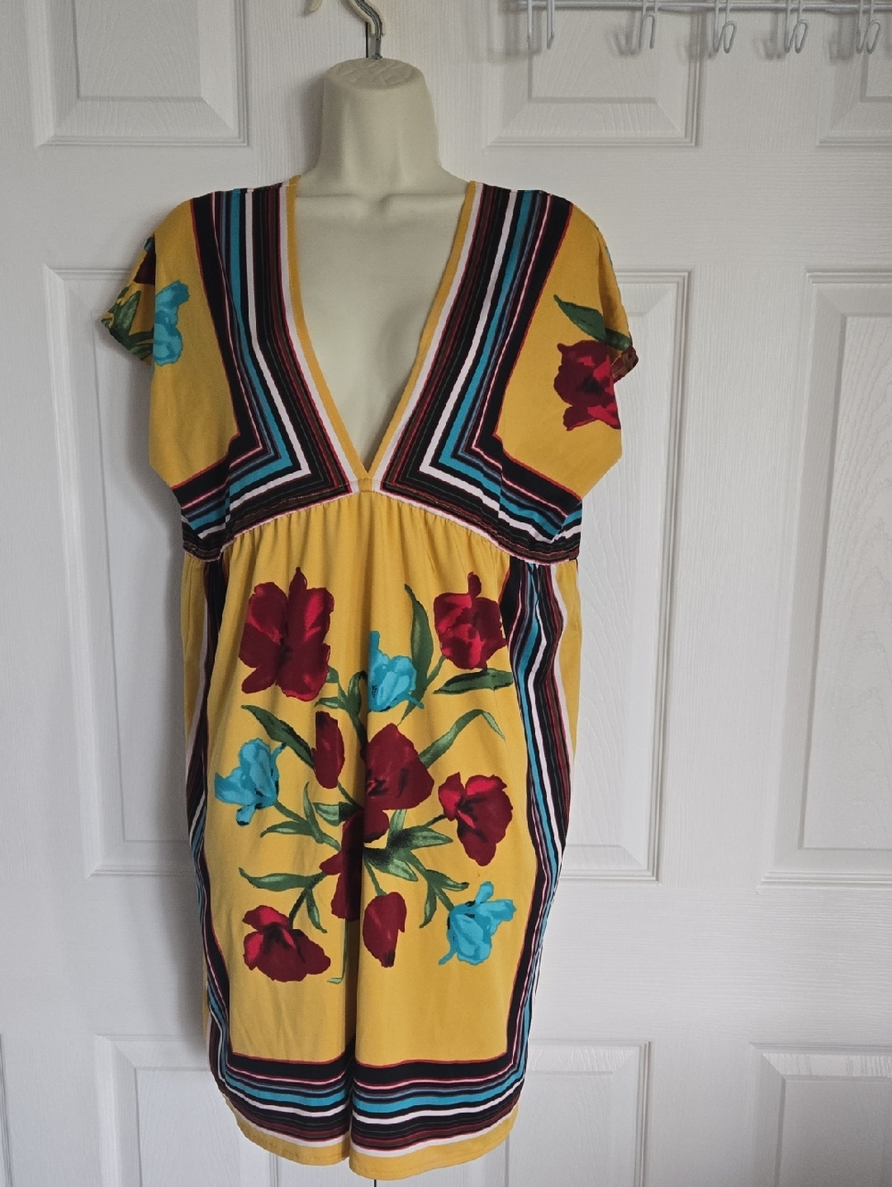 Poetry Mustard Yellow Floral V-Neck Mini Dress with Teal & Red Accents